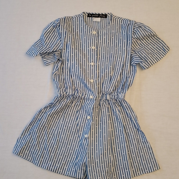 EUC Vintage Boys Blue and White Stripe Romper Sz 6 - Picture 1 of 7